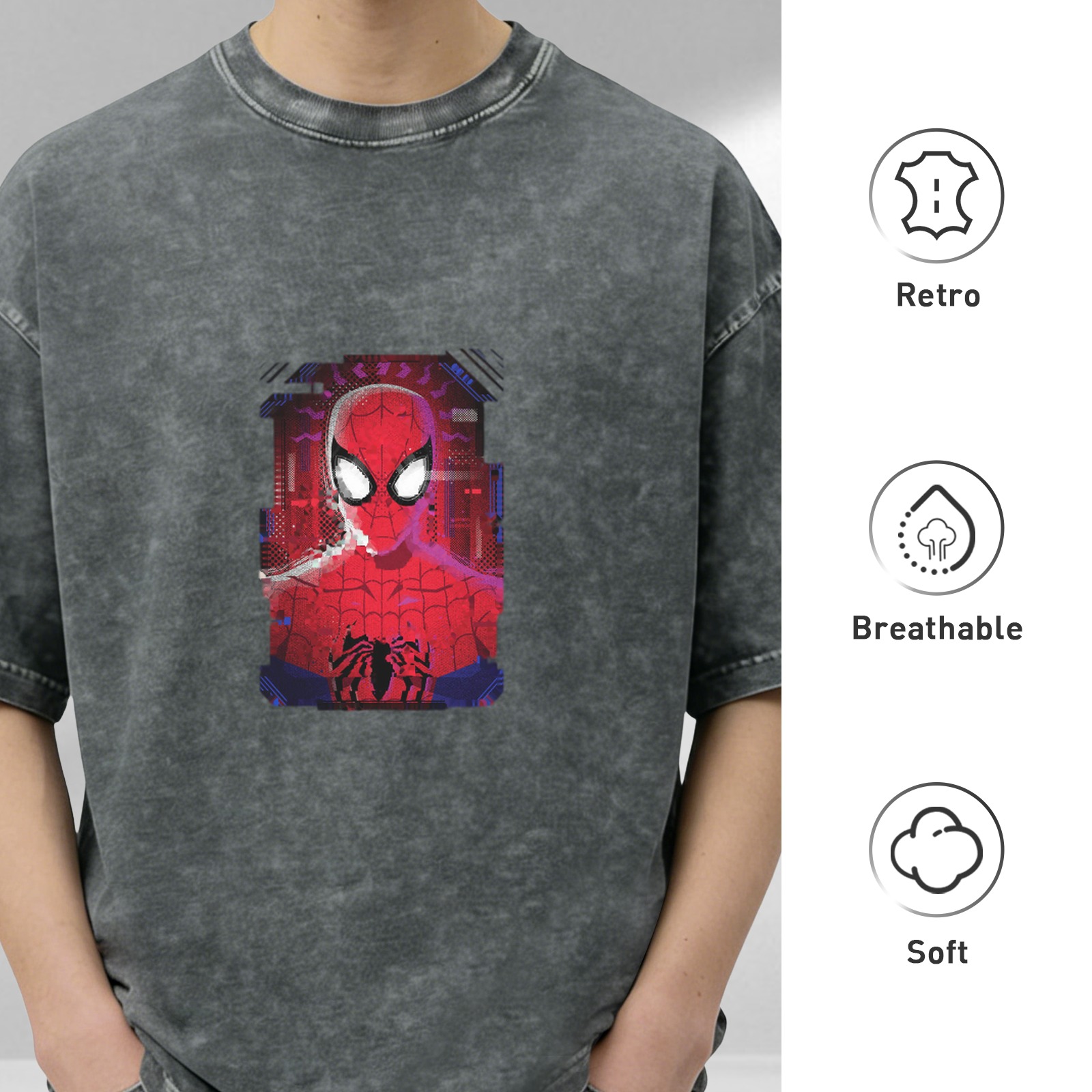 Washed Black Oversized T-Shirt with Spider-Man Graphic