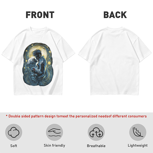 Olive T-Shirt With Starry Night Style Embracing Couple Art