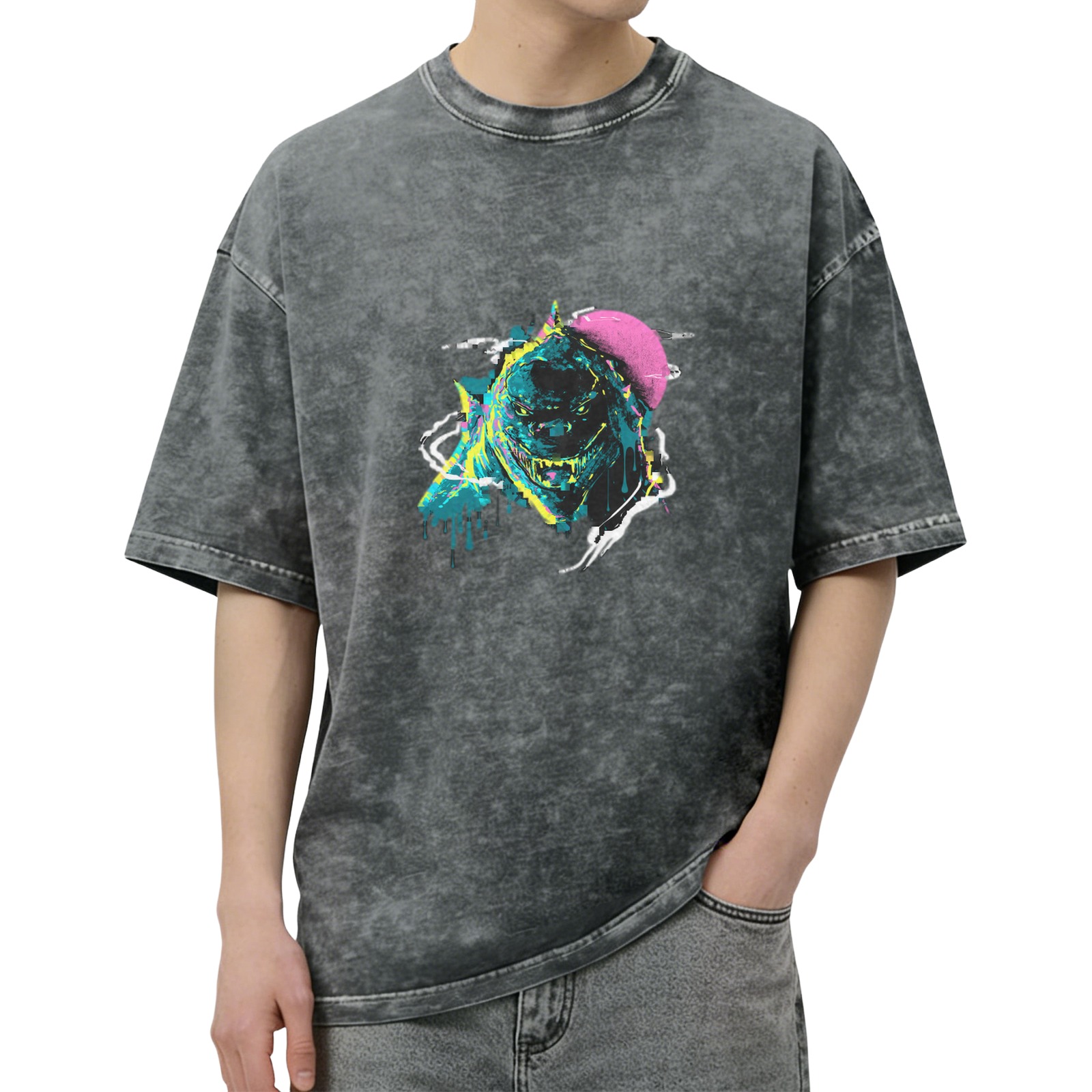 Oversized Acid Wash T-Shirt With Neon Monster Graphic Print