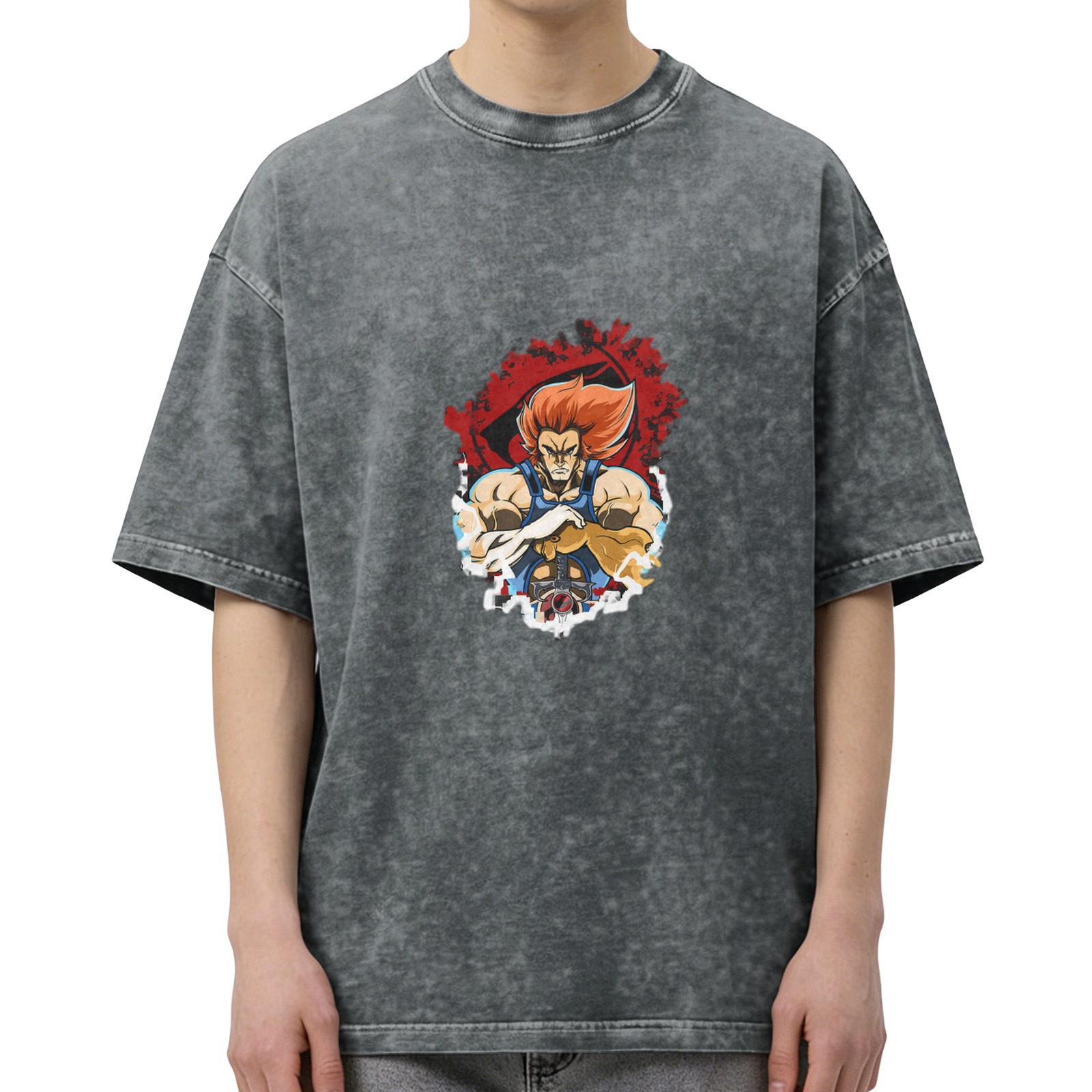 Vintage Washed T-Shirt with Retro Anime Lion Character Graphic