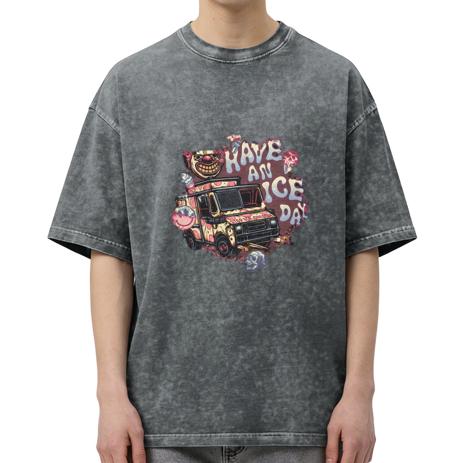 Oversized Acid Wash T-Shirt With Creepy Clown Ice Cream Truck Print