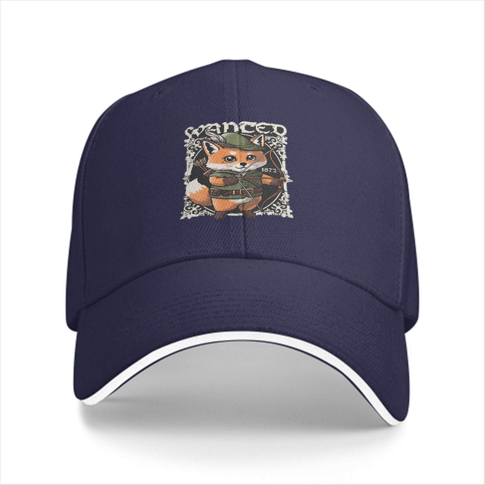 Black baseball cap with cute fox archer wanted print