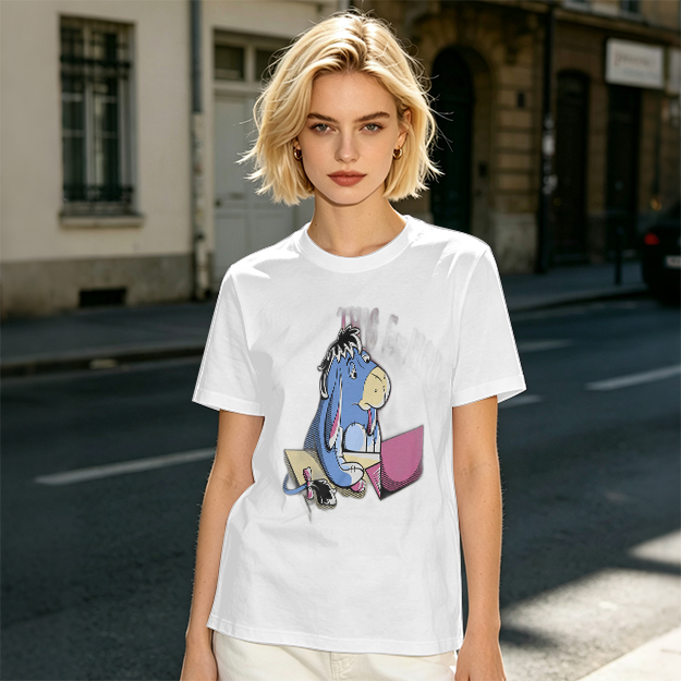 Olive T-Shirt Featuring Eeyore Using a Laptop