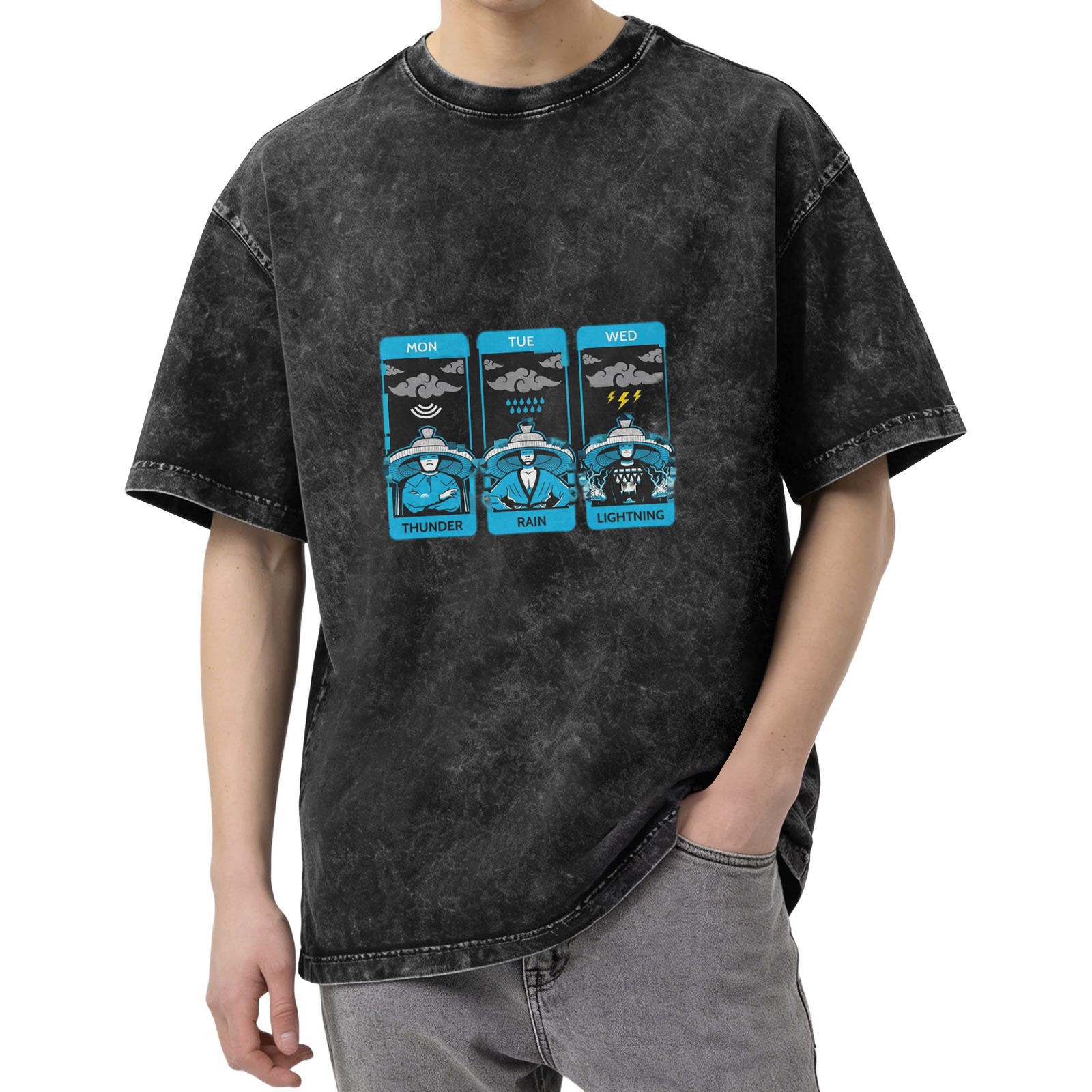 Distressed washed black loose short-sleeved T-shirt Monday to Wednesday weather-themed fun printed top