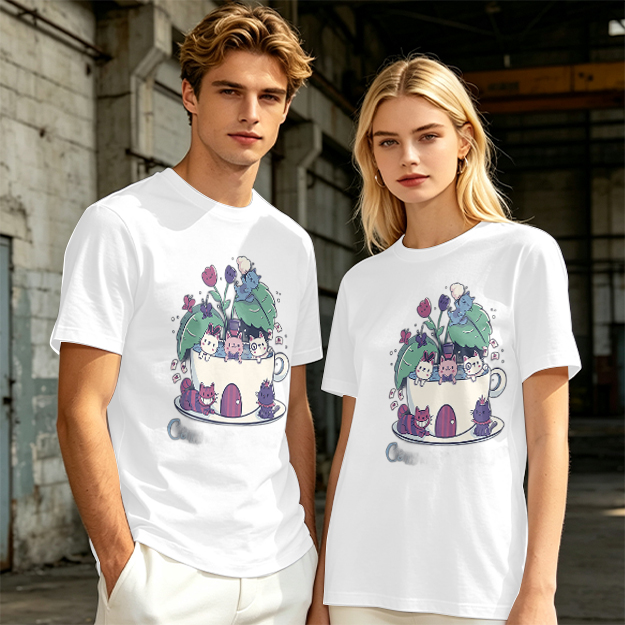 Olive T-Shirt With Whimsical Teacup Kitten Garden Print