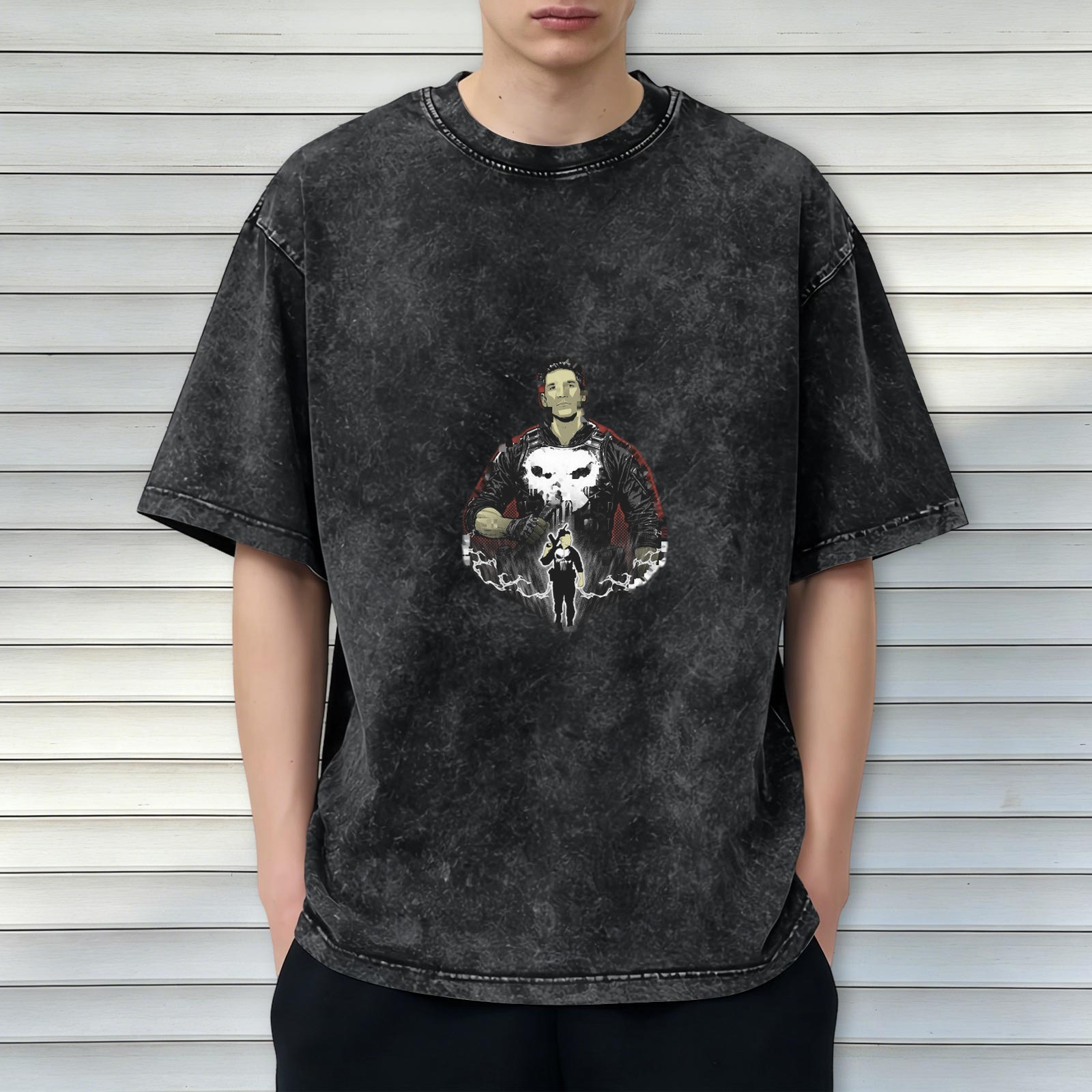 Oversized Stonewashed T-Shirt With Punisher Skull Graphic