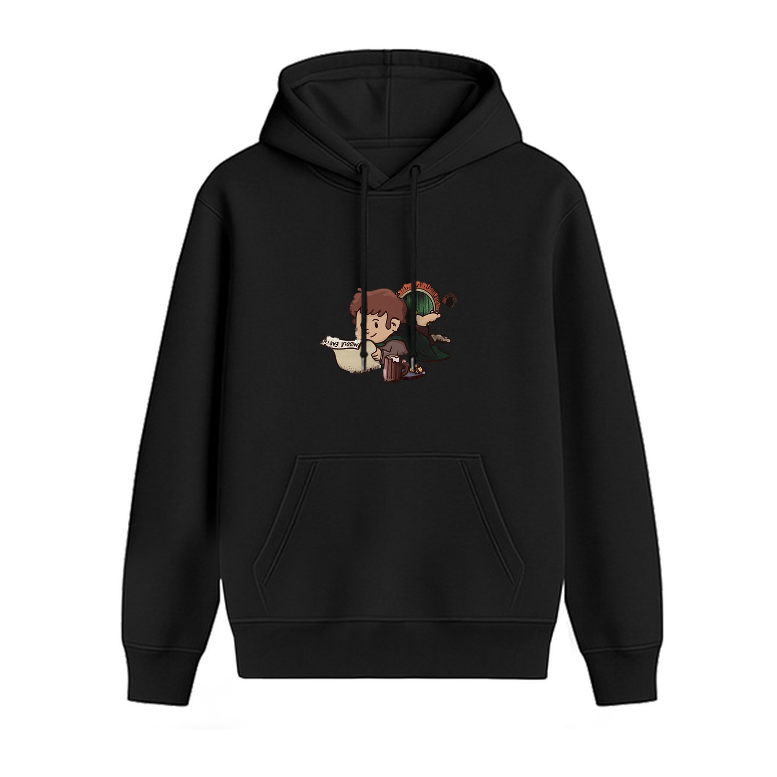 Black hoodie with cute hobbit character print