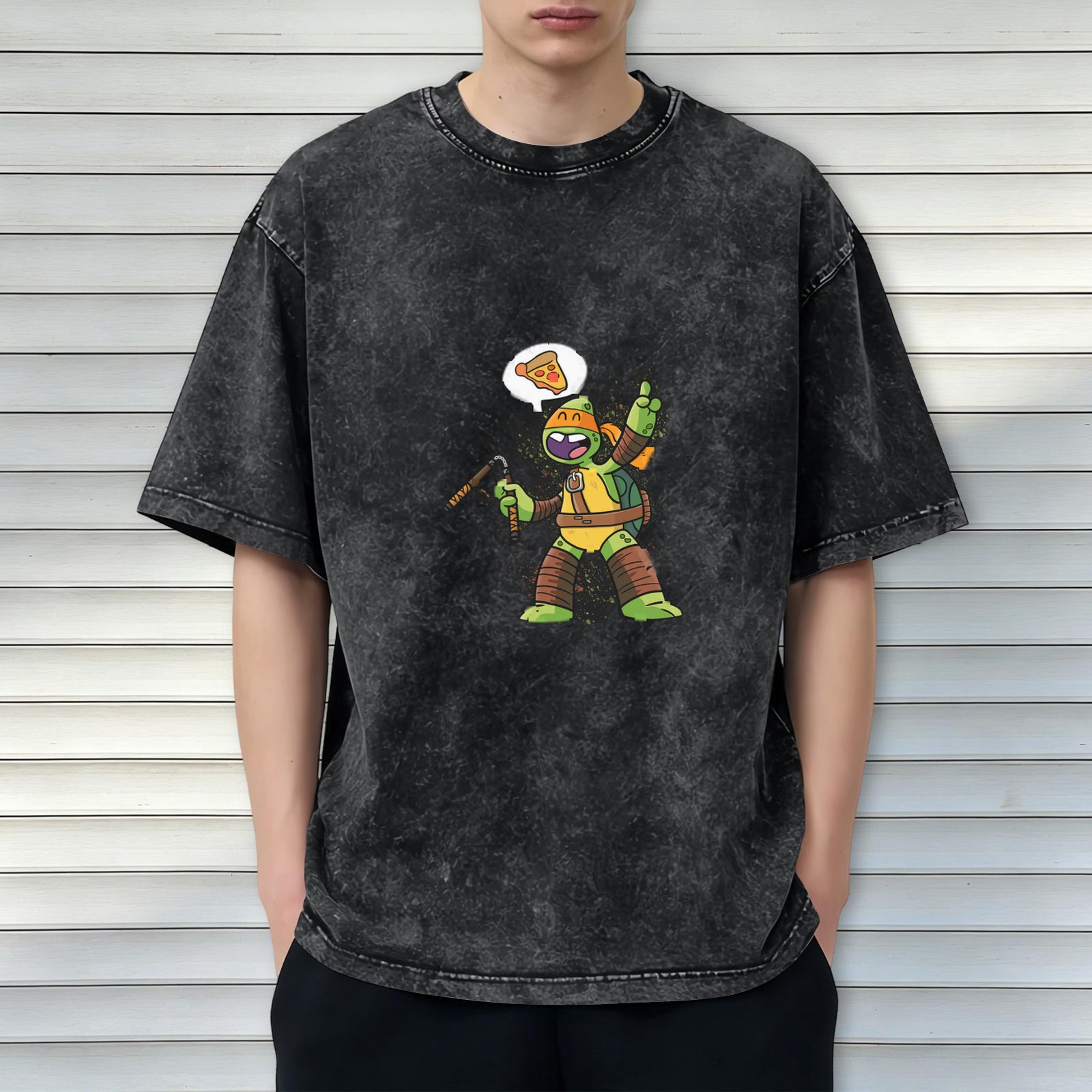 Washed Black T-Shirt With Michelangelo Ninja Turtle Pizza Print