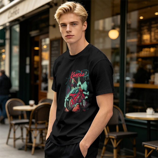 Olive T-Shirt with Kaneda Anime Motorcycle Graphic Print