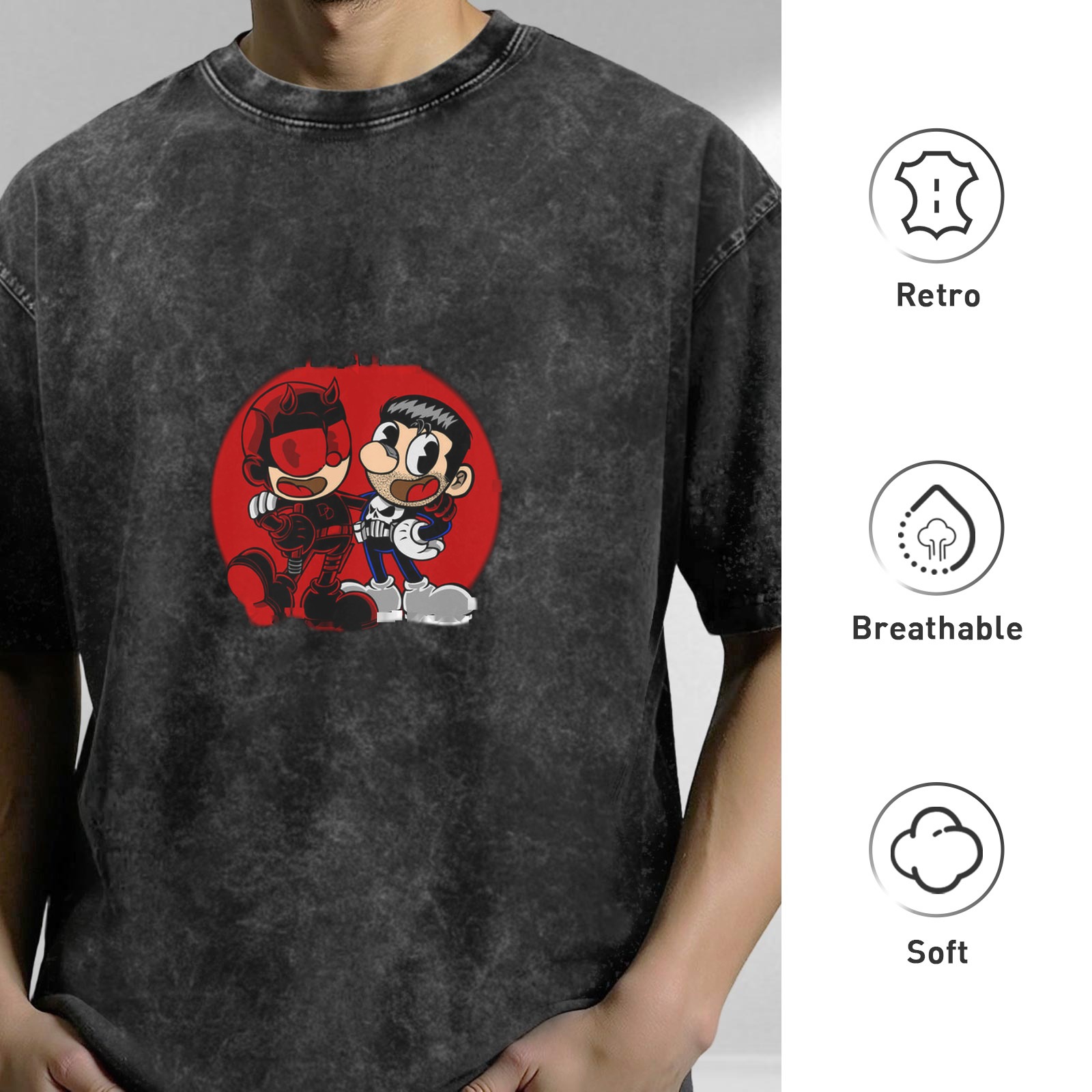 Oversized Washed T-Shirt with Retro Cartoon Superhero Print