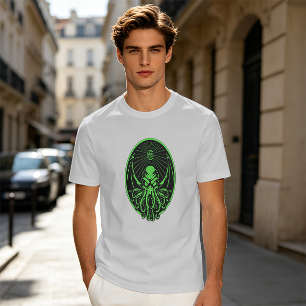 Olive Green T-Shirt With Glowing Green Cthulhu Graphic Print