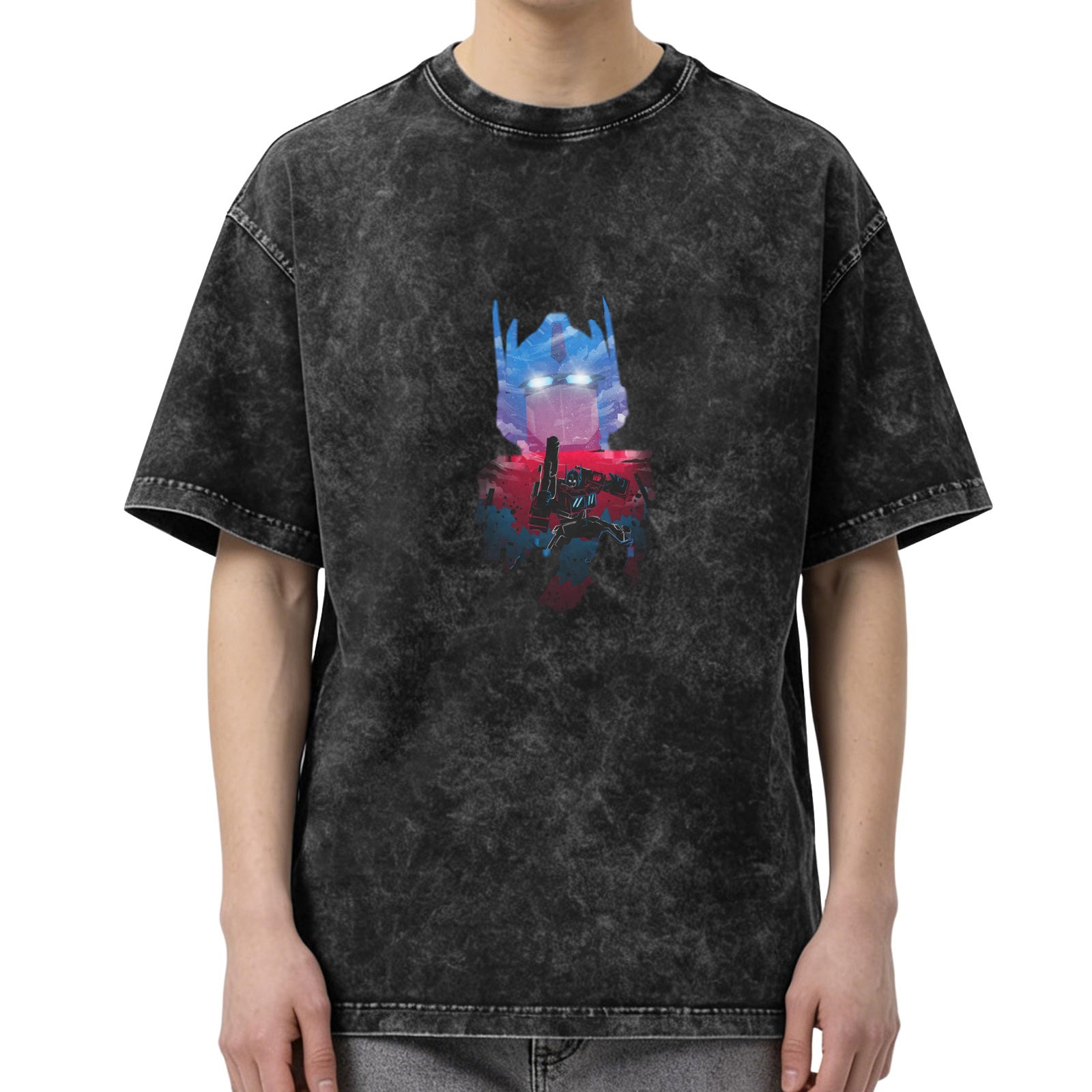 Washed distressed black Optimus Prime print short-sleeved T-shirt