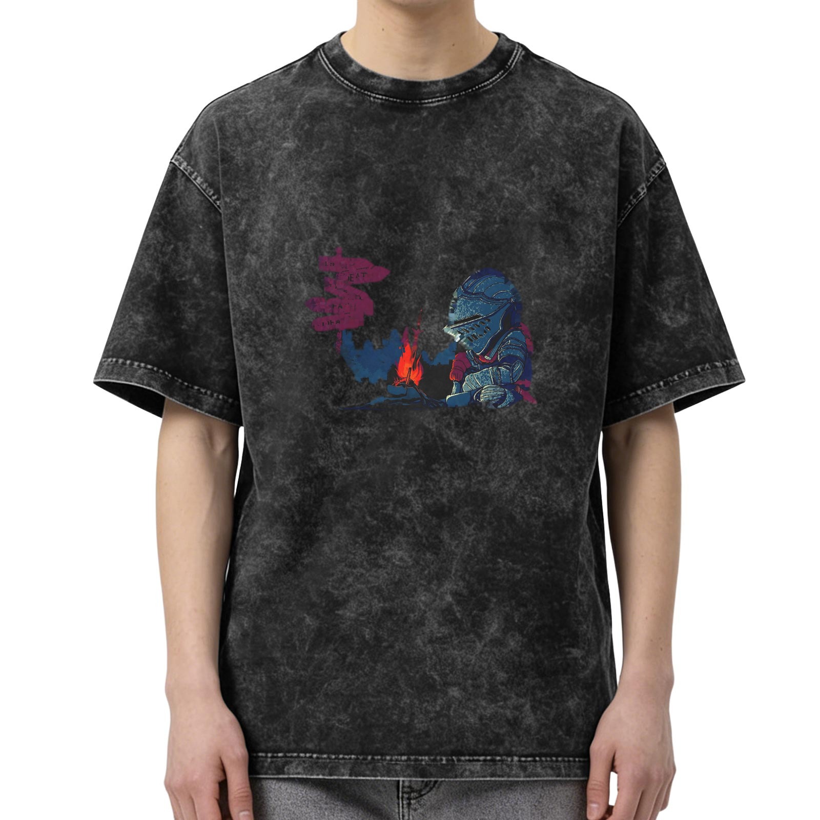 Vintage Washed Black T-Shirt with Knight by Campfire Graphic Print