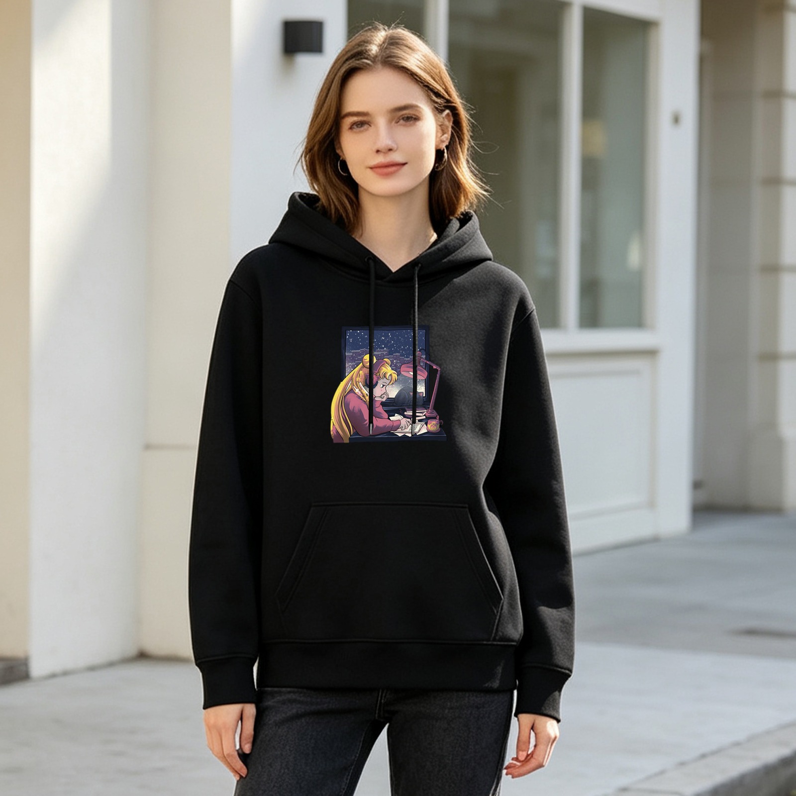 Black hoodie with anime girl studying at night print