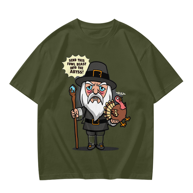 Wizard Pilgrim Holding Turkey Funny Thanksgiving T-Shirt Design