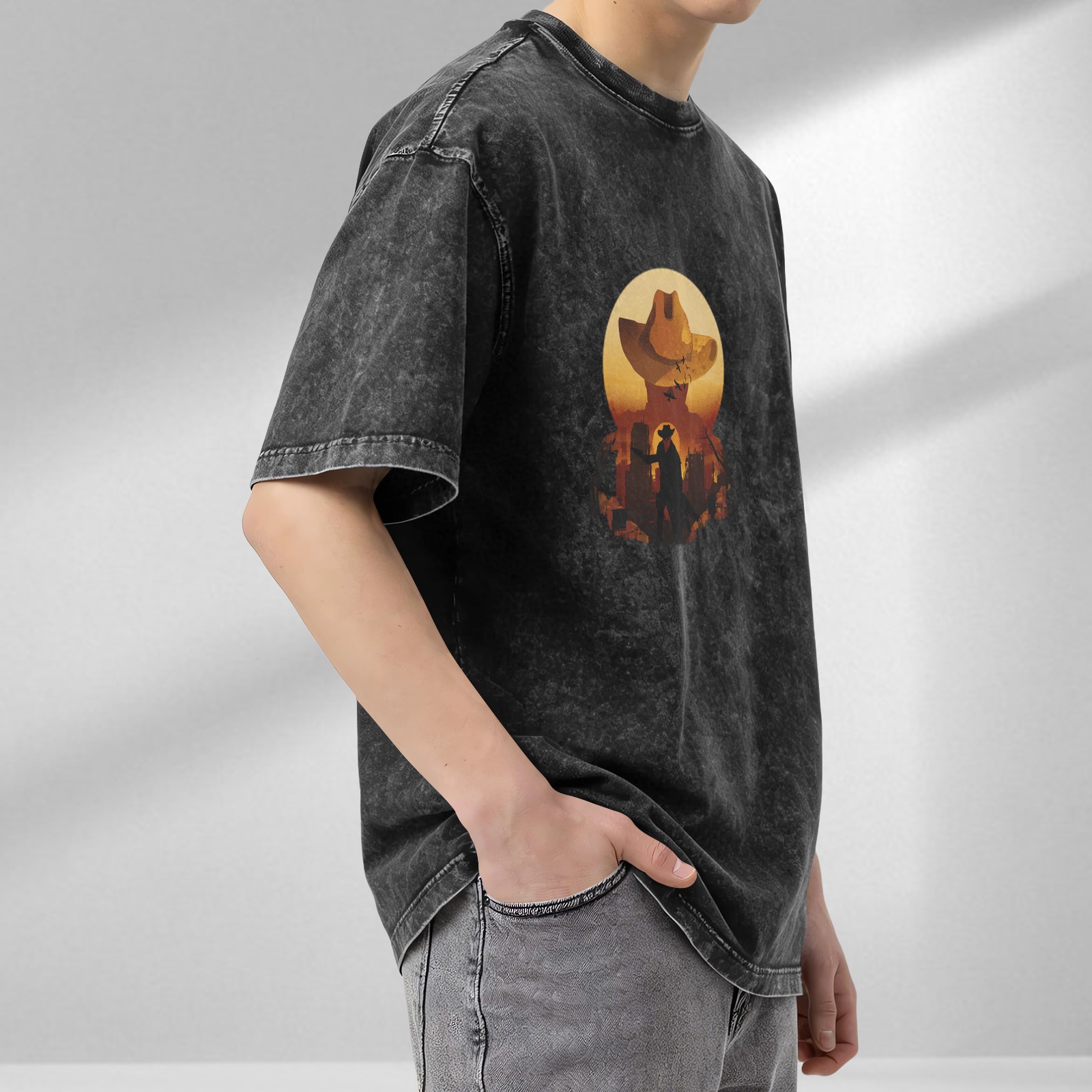 Washed Black Western Cowboy Graphic Short Sleeve T-Shirt
