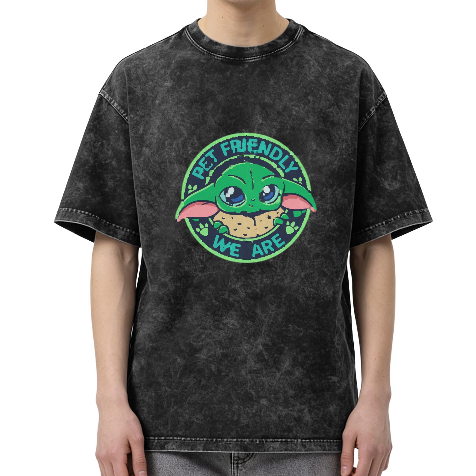 Washed Black T-Shirt with Baby Alien Pet Friendly We Are Graphic