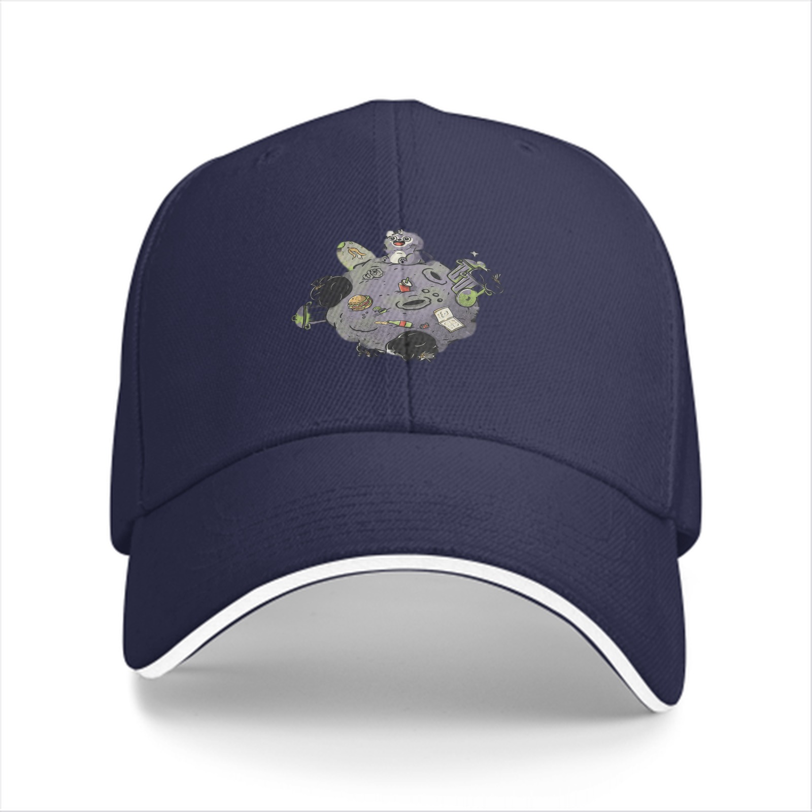 Black Baseball Cap With Whimsical Space Creature Asteroid Print