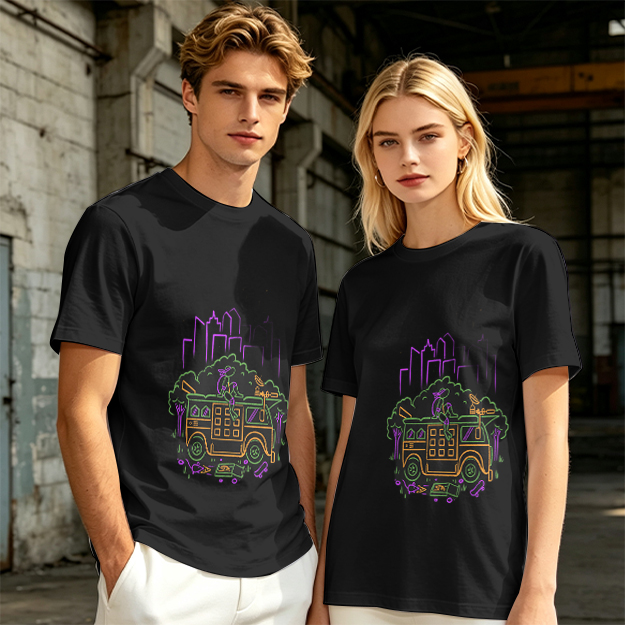 Olive T-Shirt With Neon City Bus Graphic Design