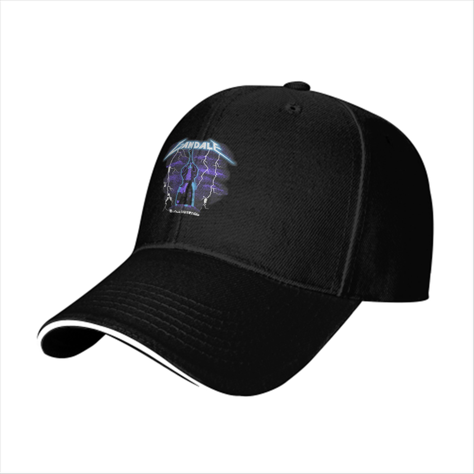 Black baseball cap with lightning graphic and text print