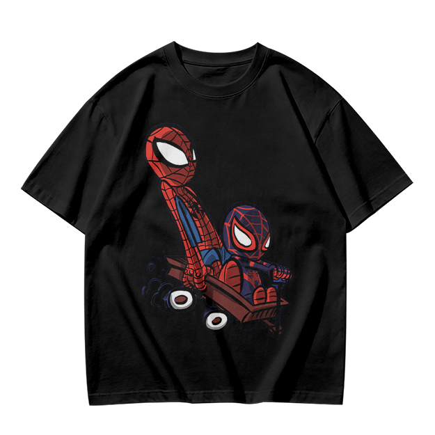 Olive T-shirt with Chibi Spider-Men Riding a Wagon Graphic