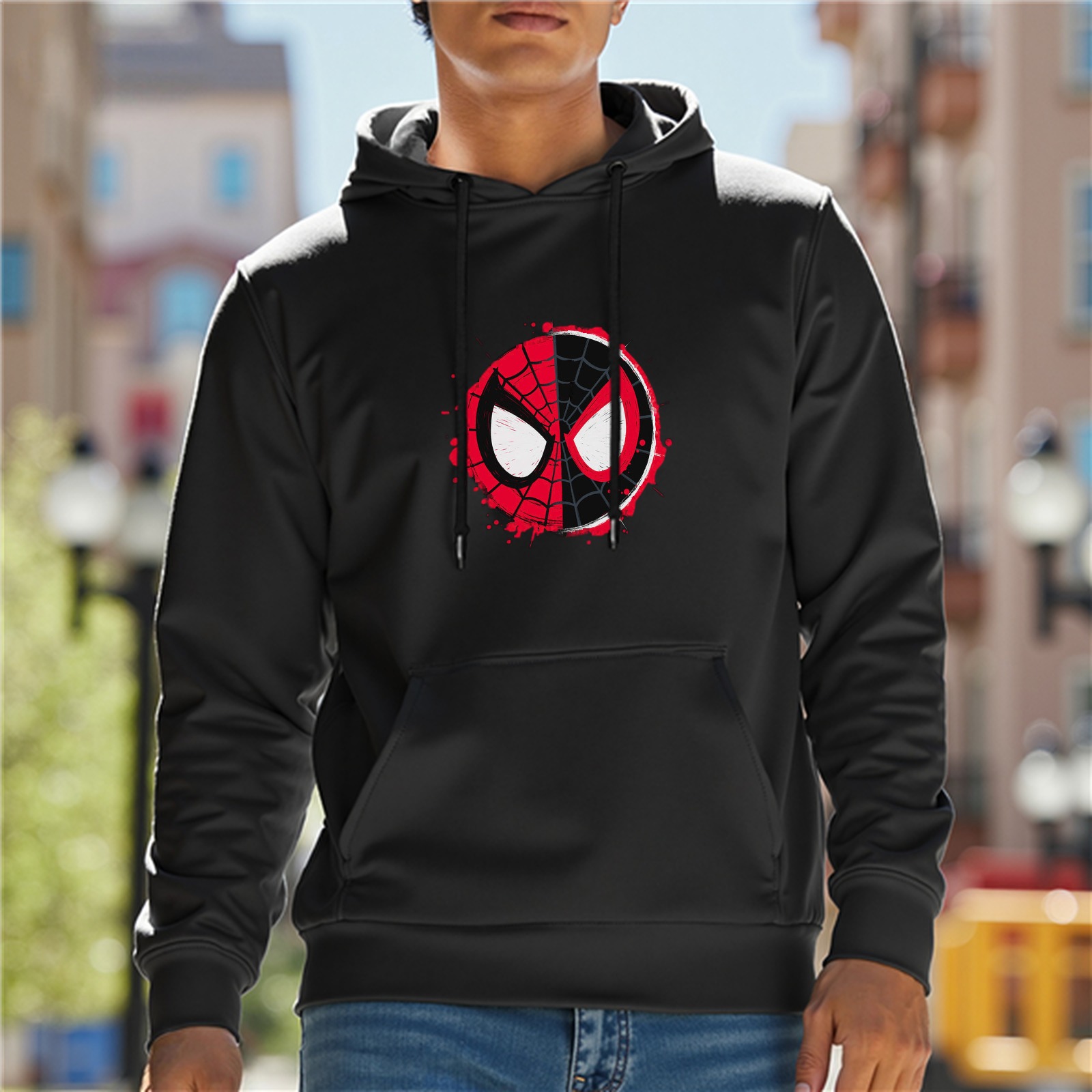 Black Hoodie With Split Spider-Man Mask Graphic Design