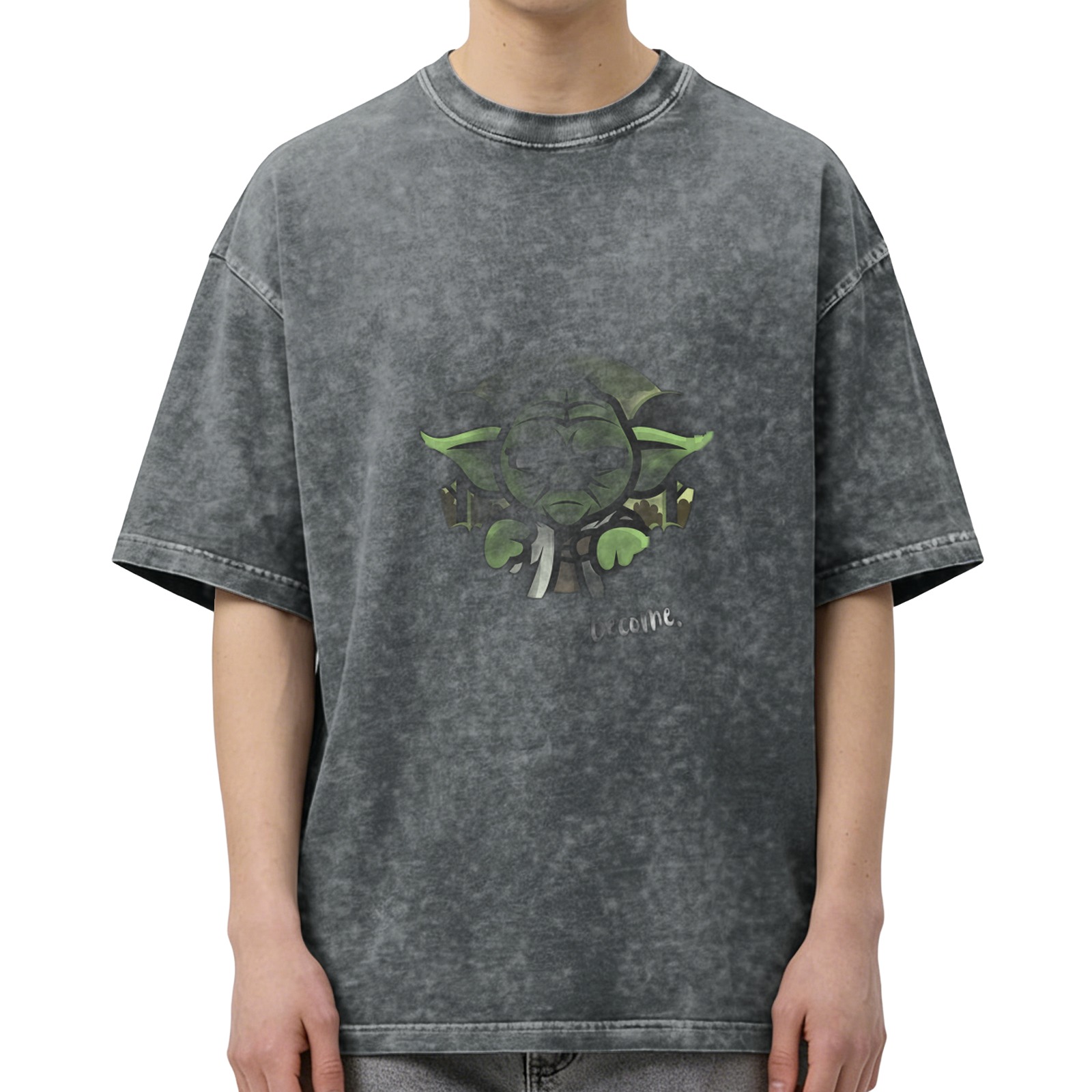 Washed Black Short Sleeve T-Shirt With Yoda Become Print