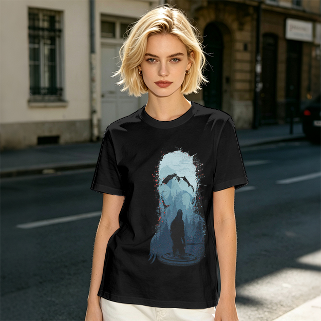 Olive T-Shirt With Dark Fantasy Silhouette And Dragon Print