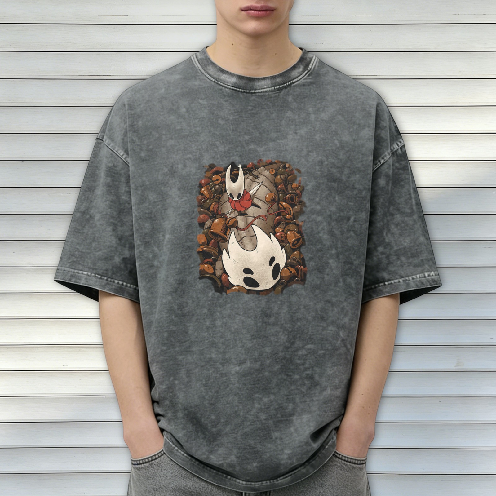 Hollow Knight themed washed distressed short-sleeved T-shirt and game peripheral printed loose top