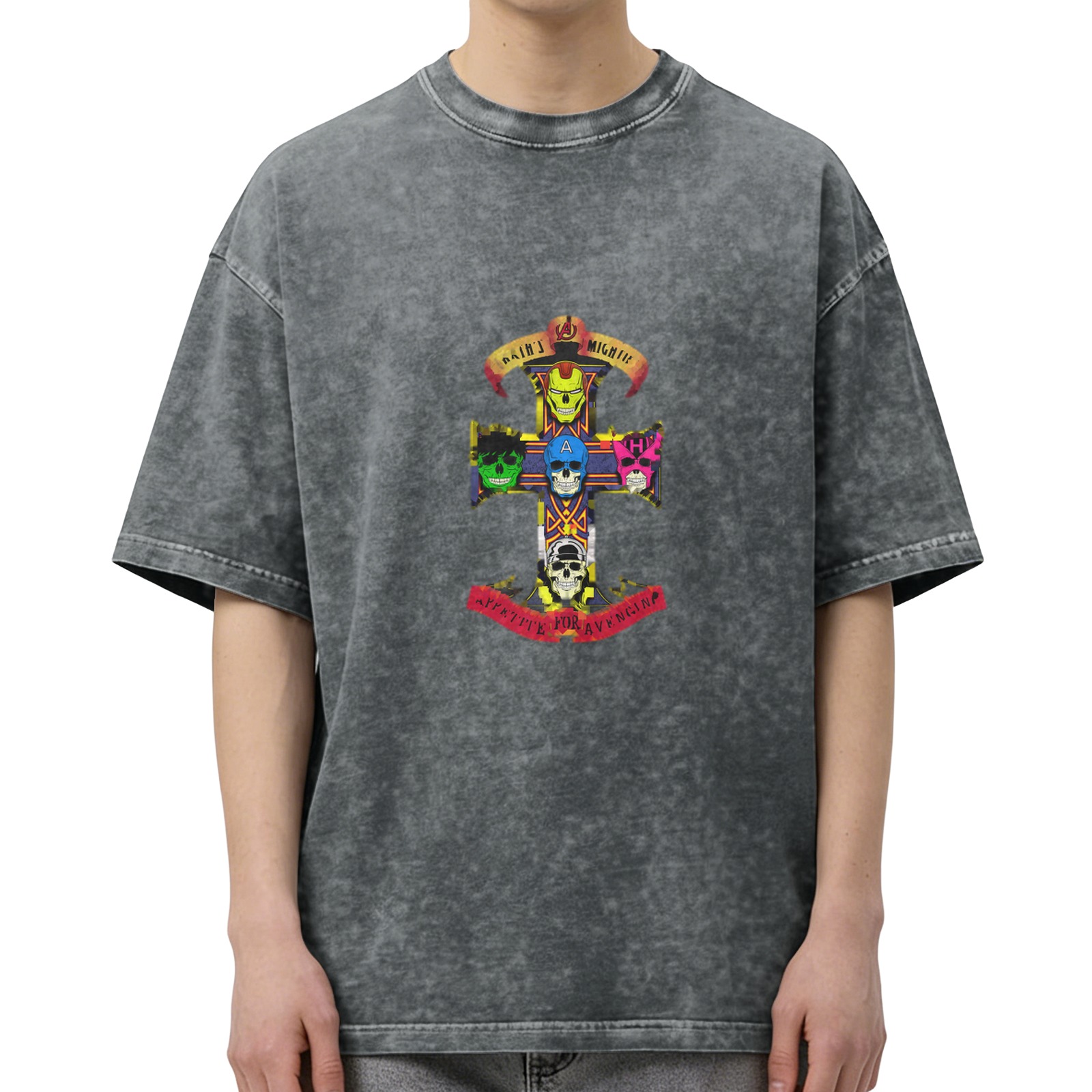 Washed black t-shirt with superhero skull cross graphic design