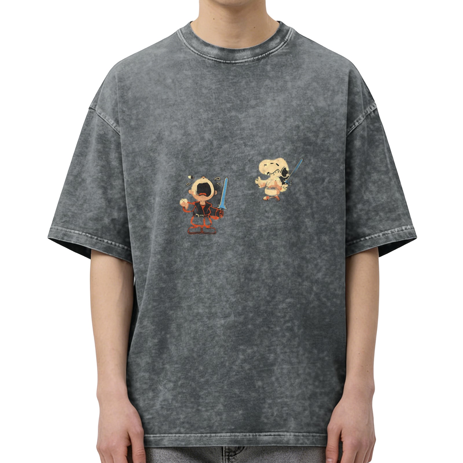 Washed black graphic t-shirt with Charlie Brown and Snoopy Jedi designs