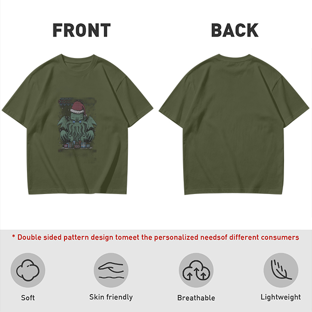 Olive T-Shirt With Christmas Cthulhu Graphic Print