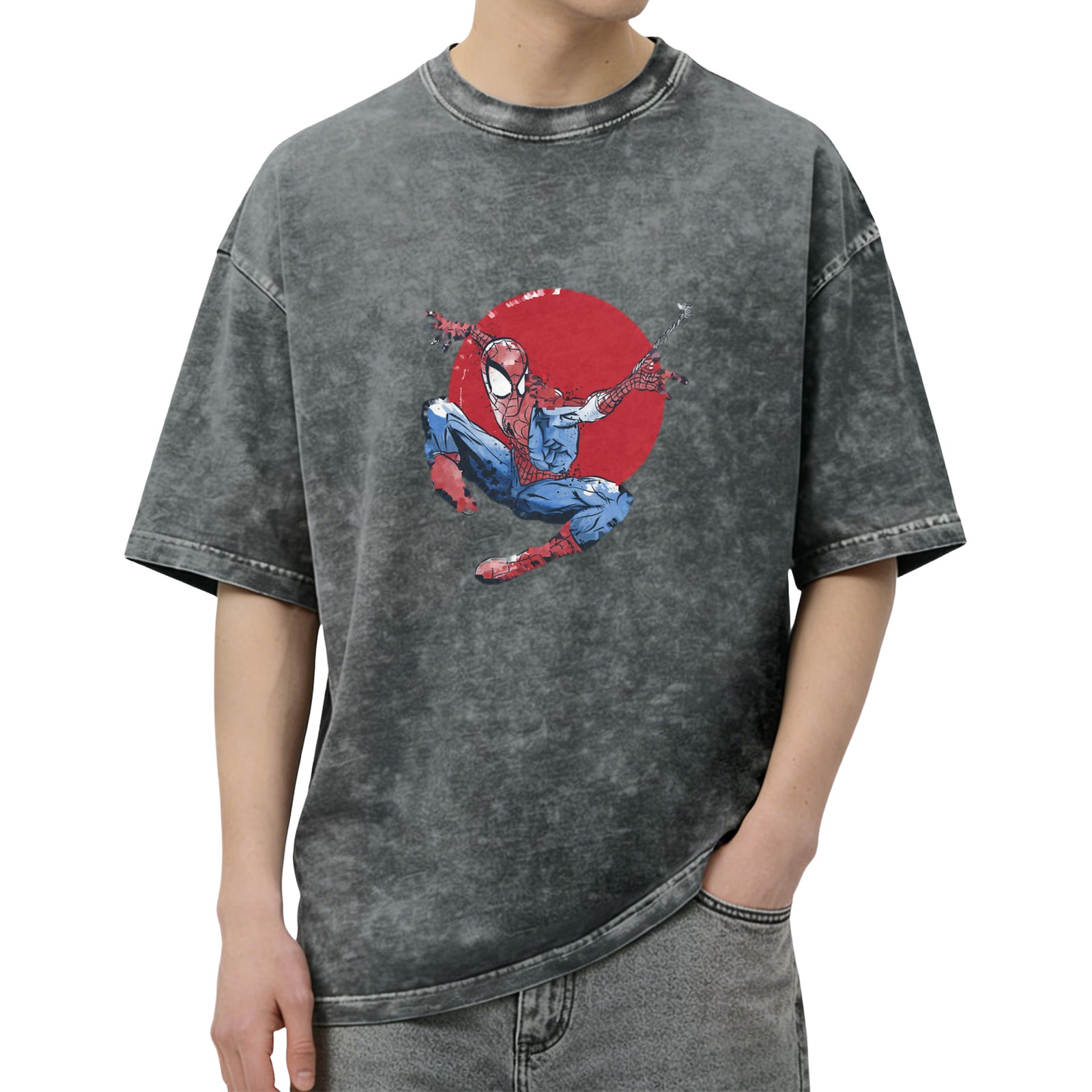 Washed Black Oversized T-Shirt with Spider-Man Red Circle Graphic