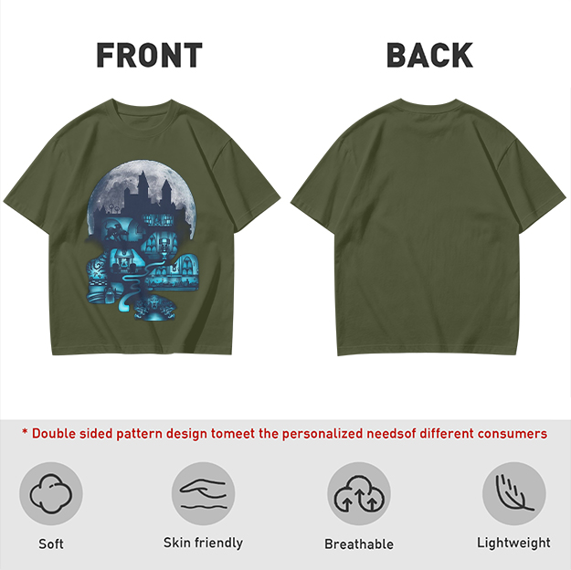 Olive T-Shirt With Glowing Castle Moon Night Graphic Print