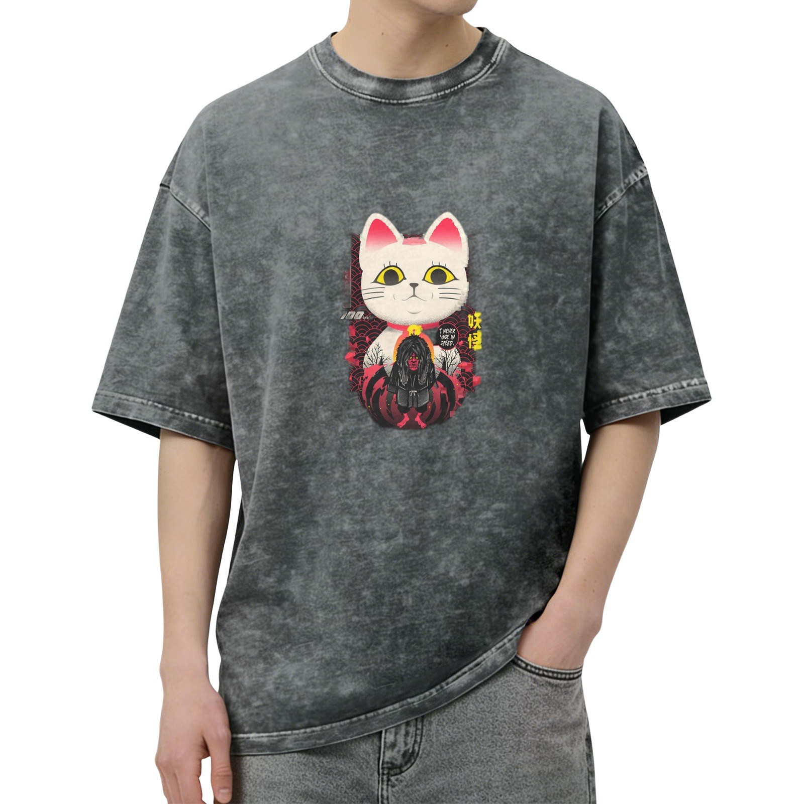 Washed black graphic t-shirt with maneki-neko and yokai design