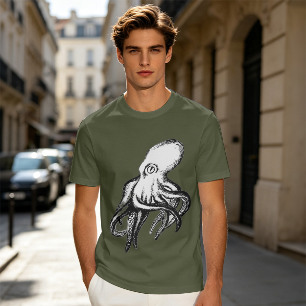 Olive T-Shirt With Vintage Octopus Graphic Print