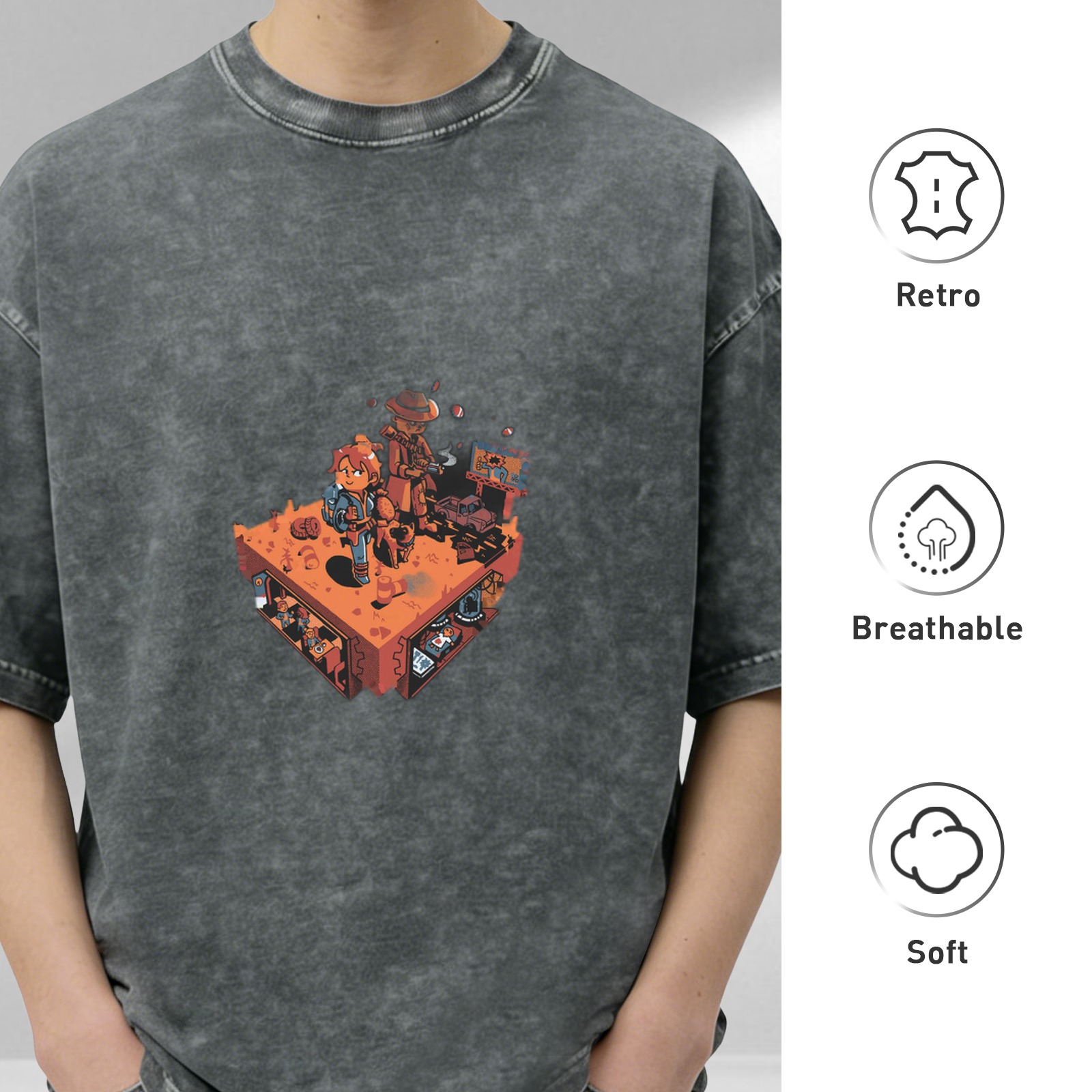 Washed black graphic t-shirt with isometric adventure character print