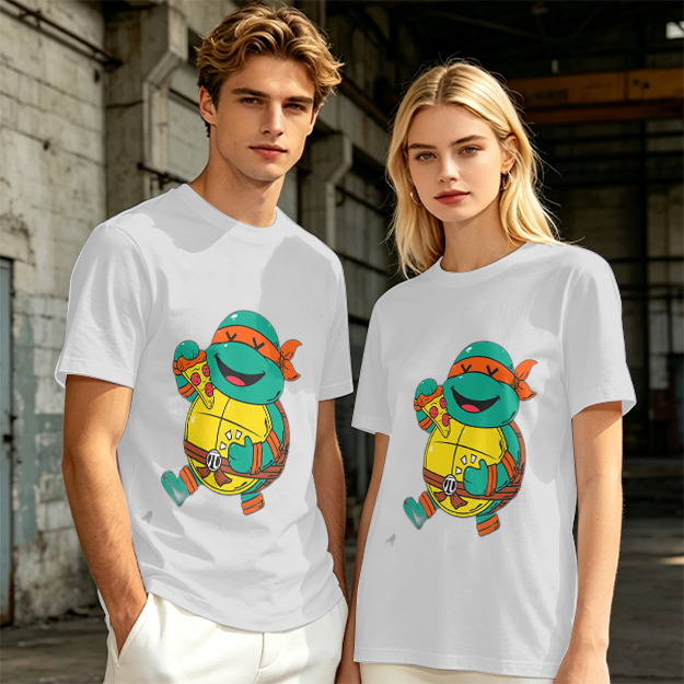 Olive T-shirt with cartoon ninja turtle holding pizza graphic