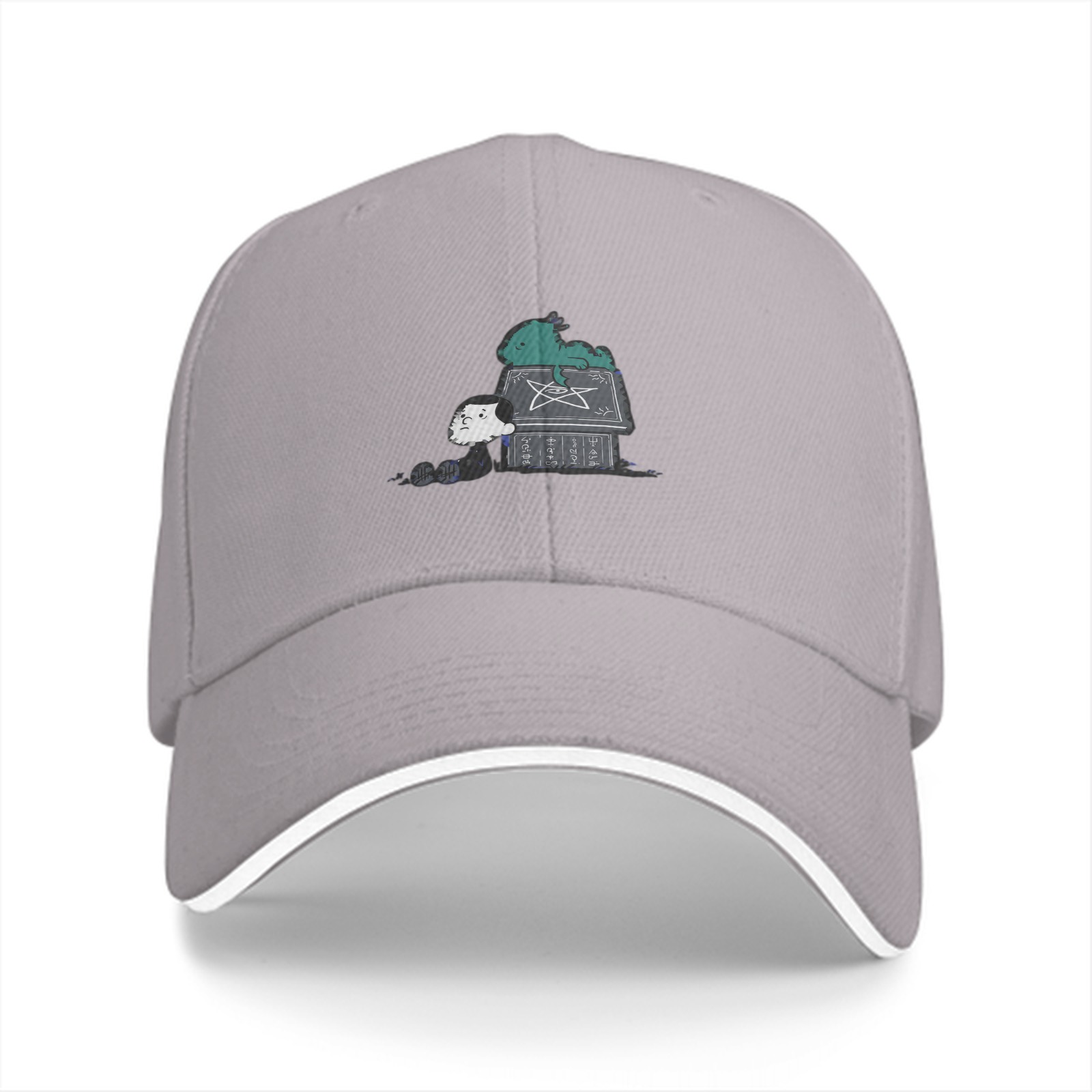 Black baseball cap with a whimsical printed graphic design