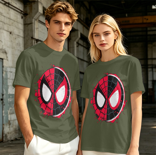 Olive T-Shirt with Split Spider-Man Mask Graphic