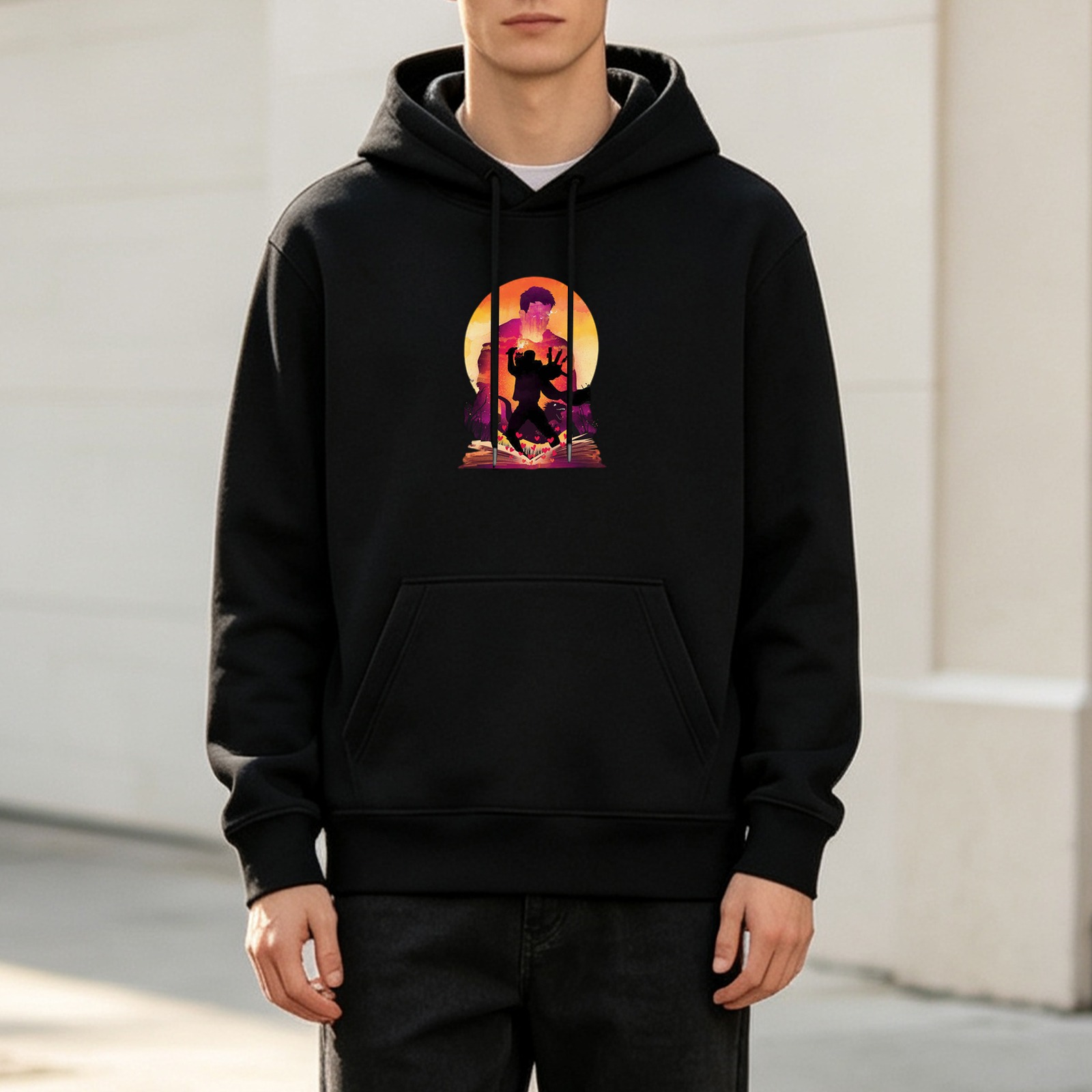 Black hoodie with retro anime sunset silhouette graphic