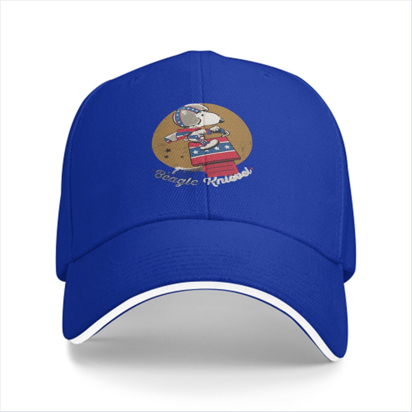 Black baseball cap with Snoopy Beagle Knievel stunt graphic