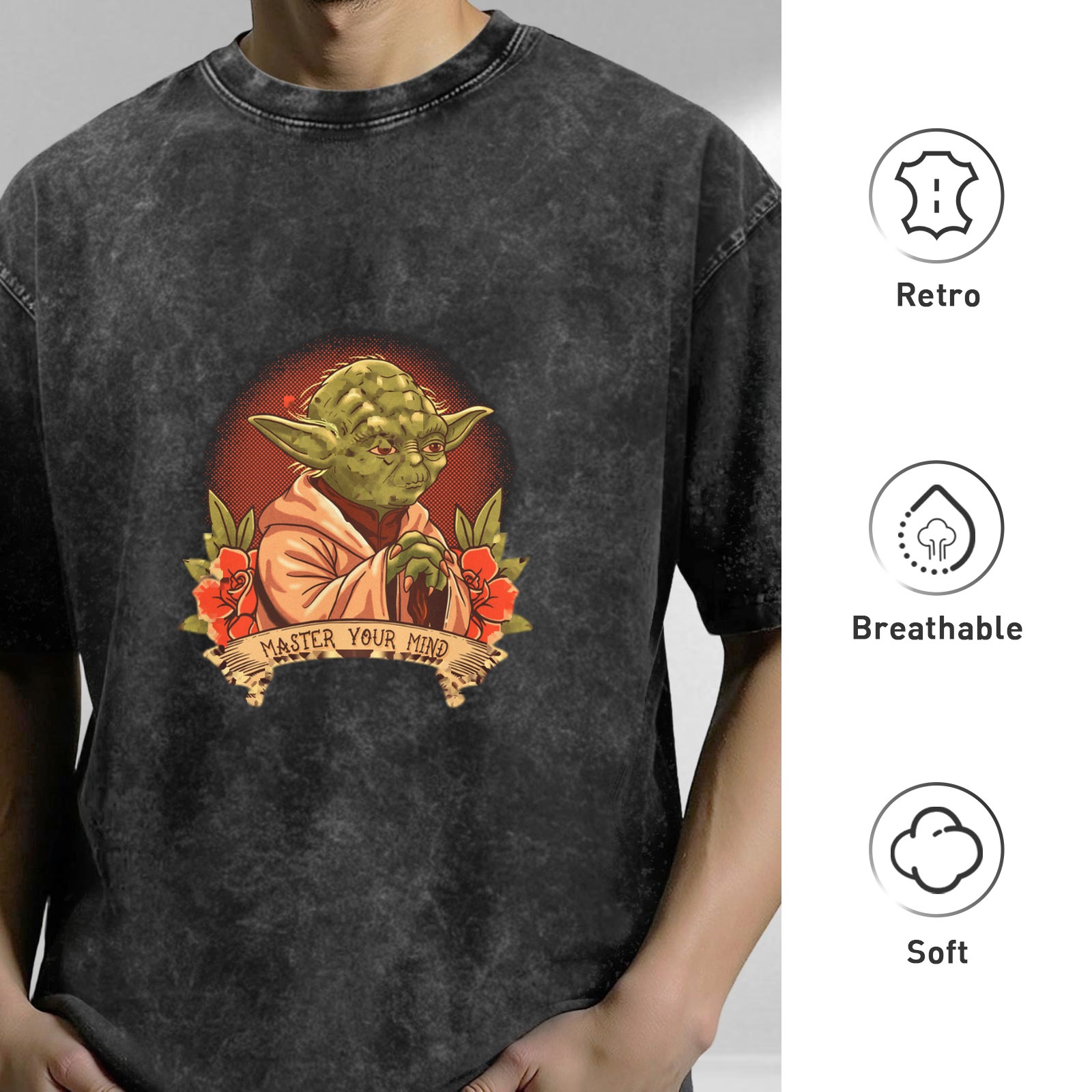 Washed cotton t-shirt with Yoda 'Master Your Mind' graphic print