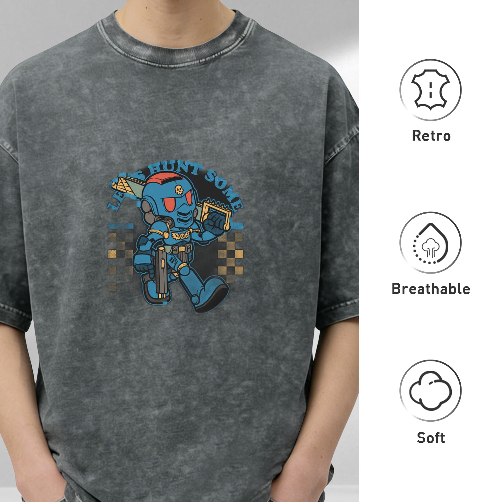 Oversized Acid Wash T-Shirt With Chibi Space Marine Graphic