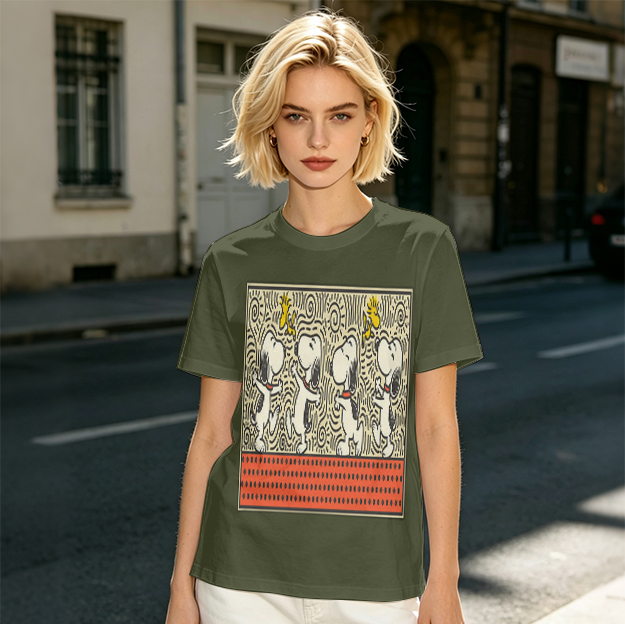 Olive T-shirt with dancing Snoopy and Woodstock graphic print