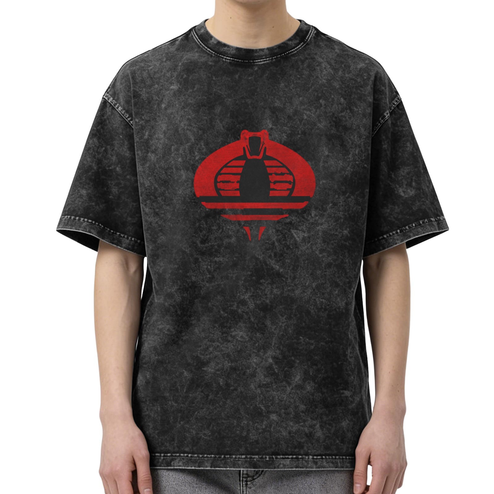 Retro washed black short-sleeved T-shirt, cobra graphic print, street casual loose top