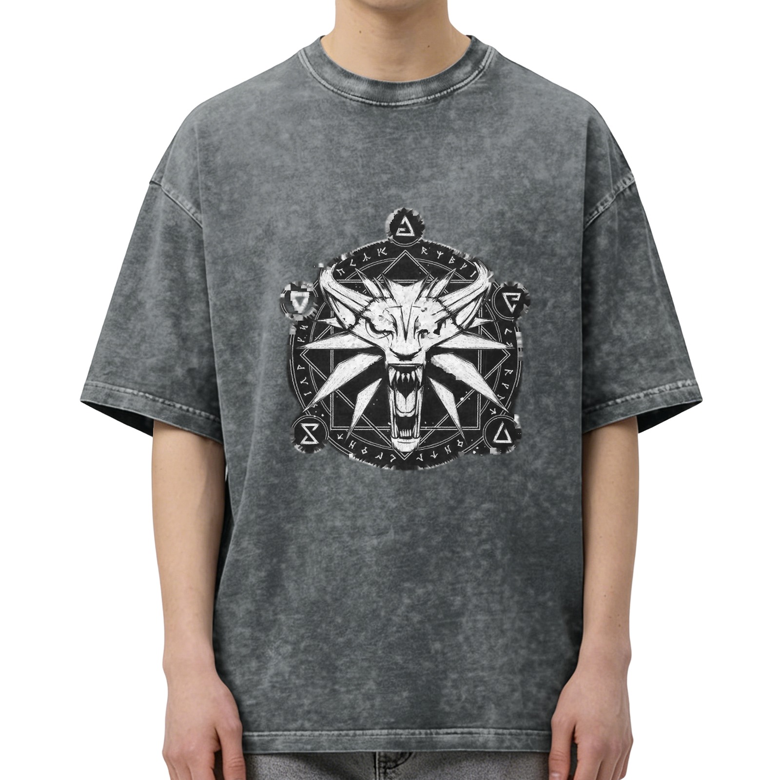 The Witcher Wolf Medallion Acid Wash Oversized T-Shirt
