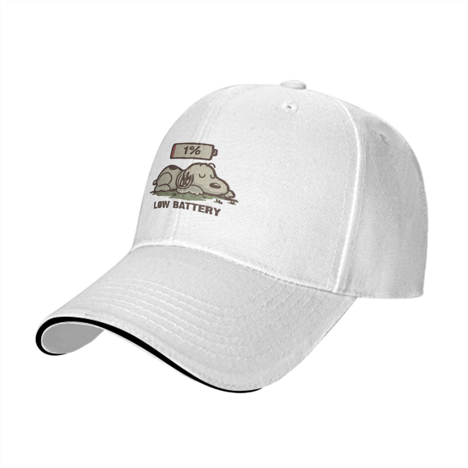 Black baseball cap with low battery sleeping dog graphic