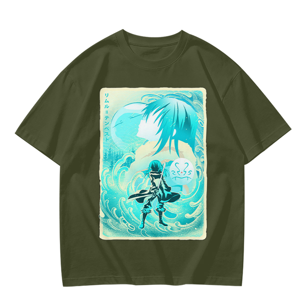 Anime character water design graphic dark green t-shirt