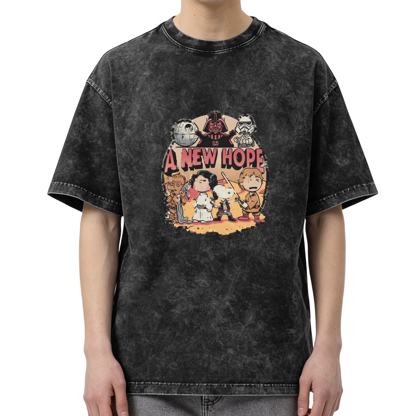 Washed Black T-Shirt with Peanuts x Star Wars A New Hope Graphic